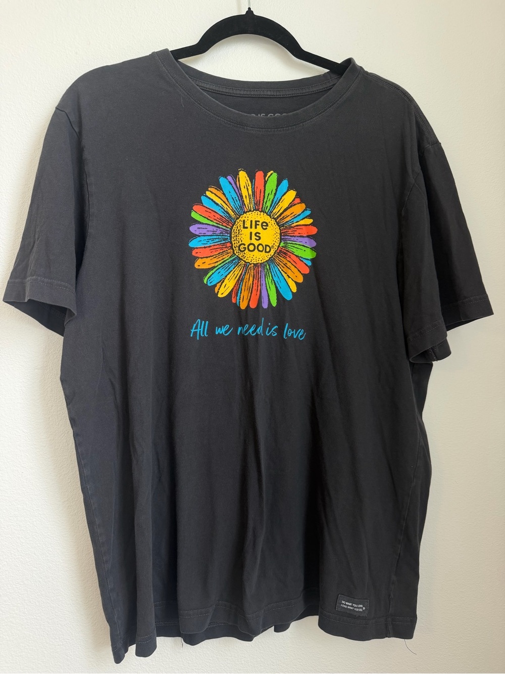 Life Is Good Black Tee with Multicolor Daisy Graphic